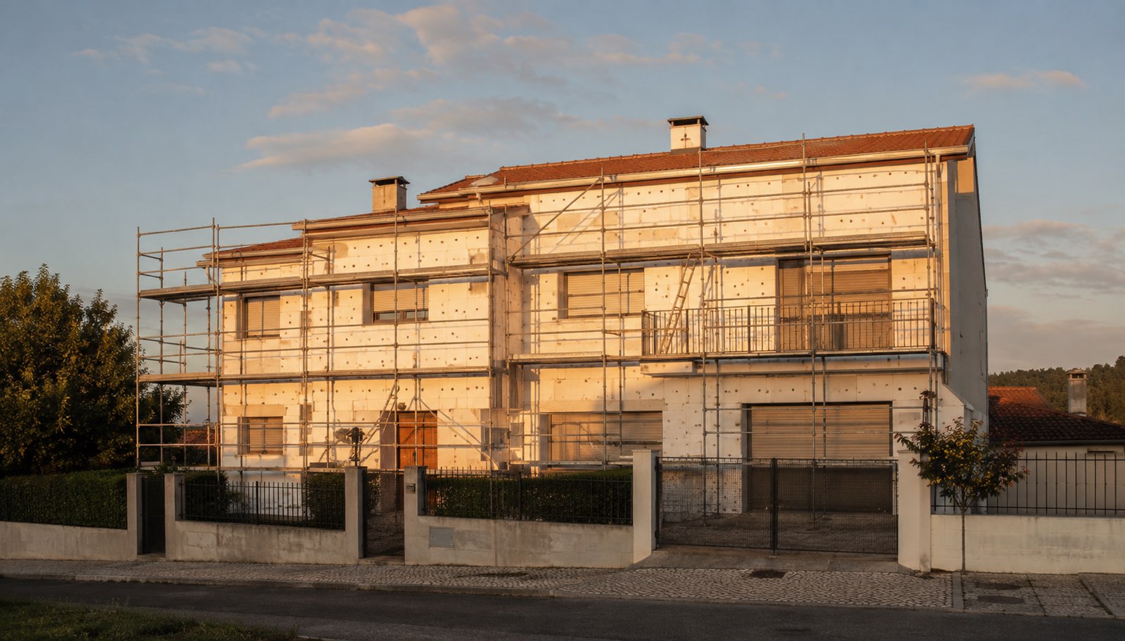 Fachada de moradia portuguesa em obra de aplicação de capoto, com andaimes montados ao fim da tarde