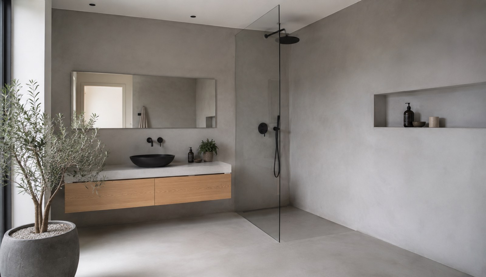Casa de banho revestida a microcimento cinzento contínuo, sem juntas, com luz natural lateral