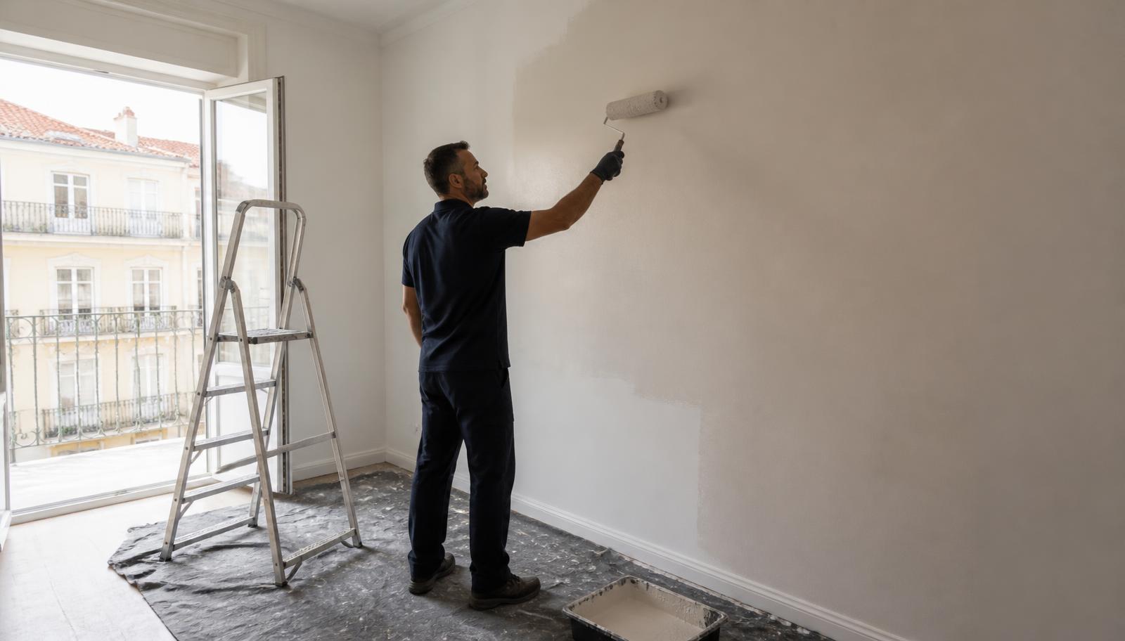 Pintor a aplicar tinta com rolo numa parede interior de um apartamento em Portugal, com escada e tabuleiro de tinta